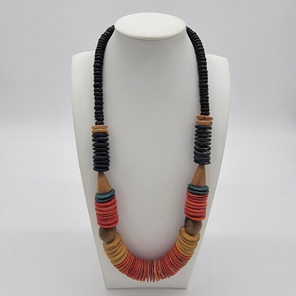 Wood Beaded Necklace Tribal Boho Ethnic Rainbow Colorful Discs Statement Long - Picture 1 of 4